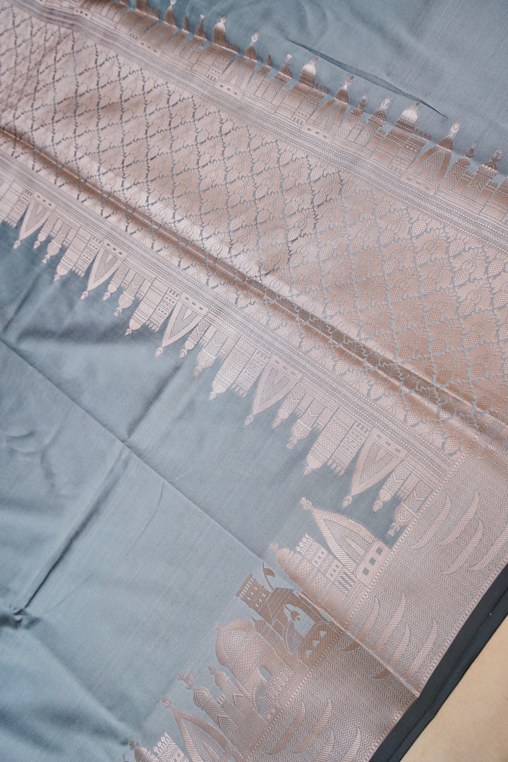 Silver Mist Grey Banarasi Modal Silk Ghat Design Saree View 2