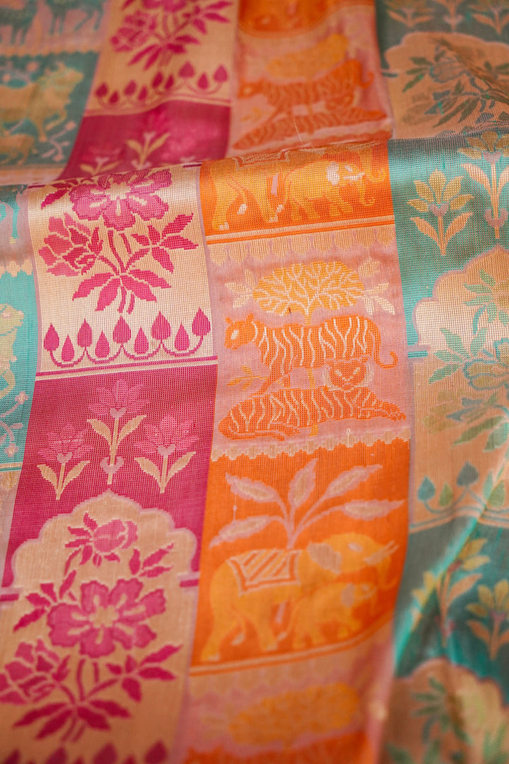 Handwoven Rangkat Banarasi Pure Katan Silk Saree with Zari & Thread Woven Animal Motif