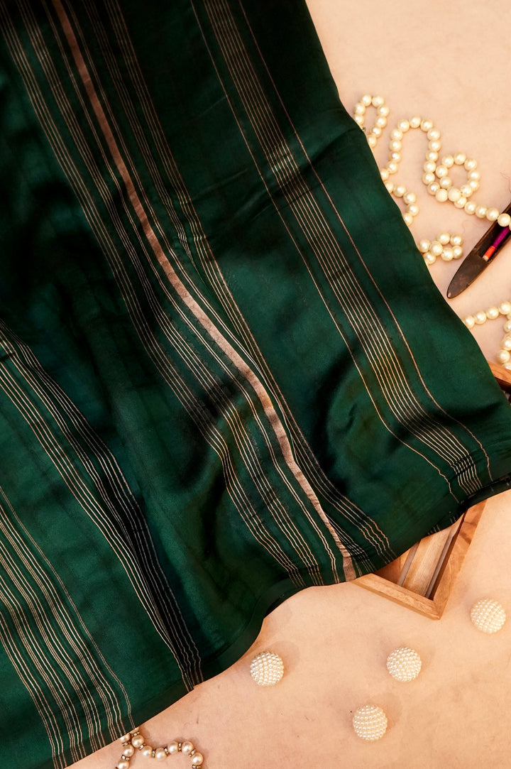 Emerald Heritage – Pure Banarasi Silk Saree with Stripes &amp; Shibori Weaving