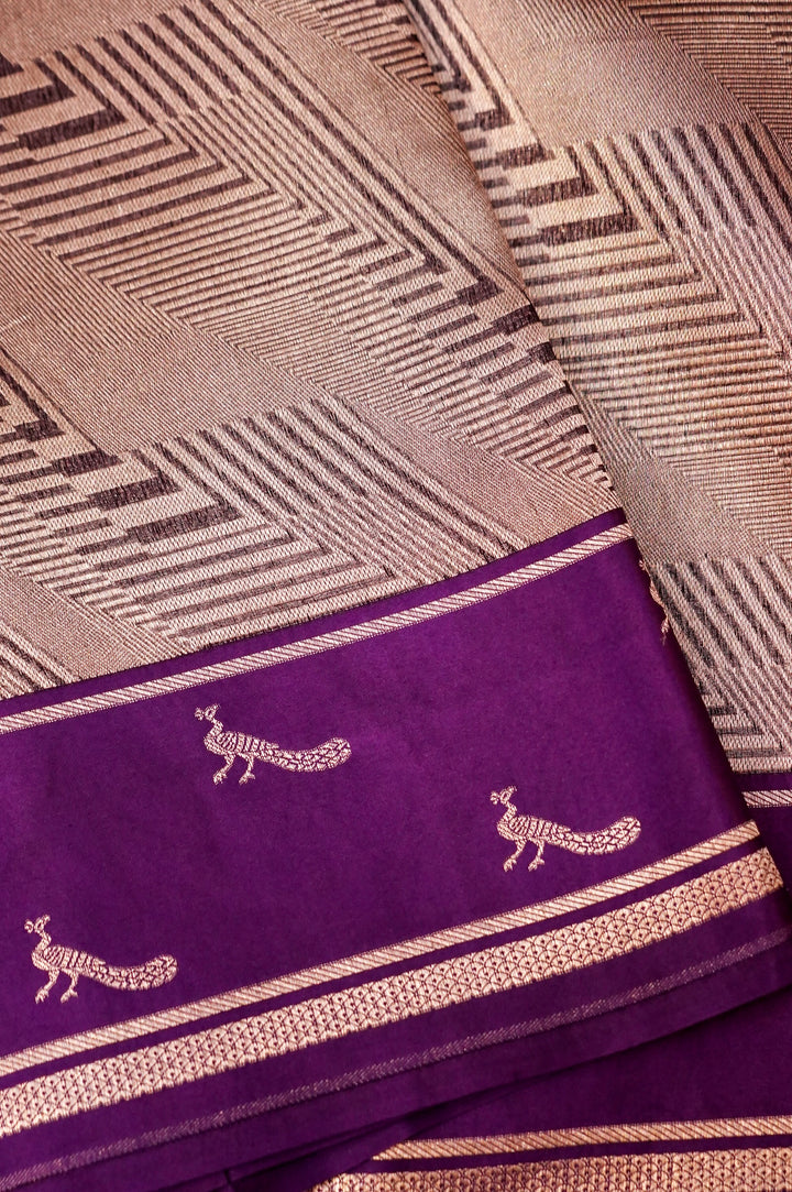 Royal Plum Grace – Purple Pure Handloom Organza Silk Saree with Peacock Motif Border