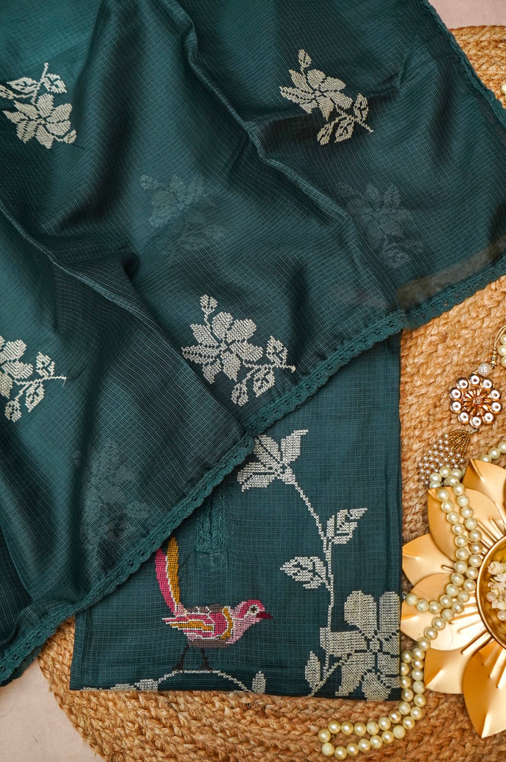 Teal Green Pure Kota Suit Set with Cross Stitch Embroidery View 1