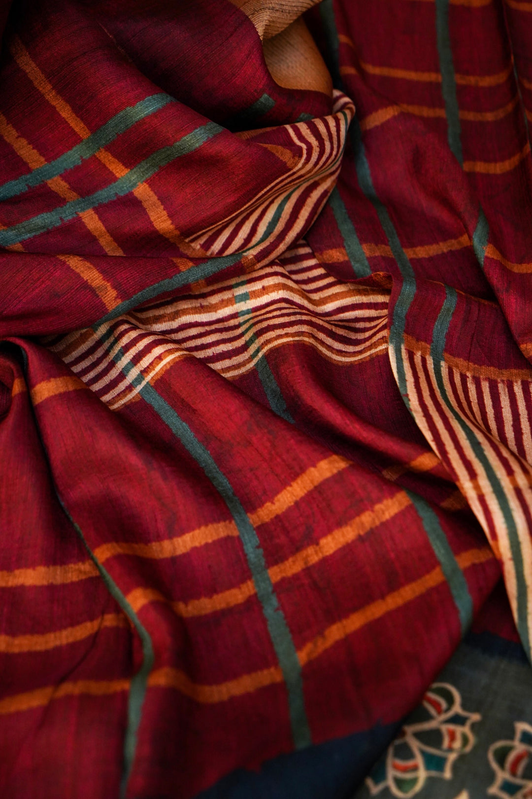 Teal Blue Tussar Silk Saree with Elegant Printed Check Pattern