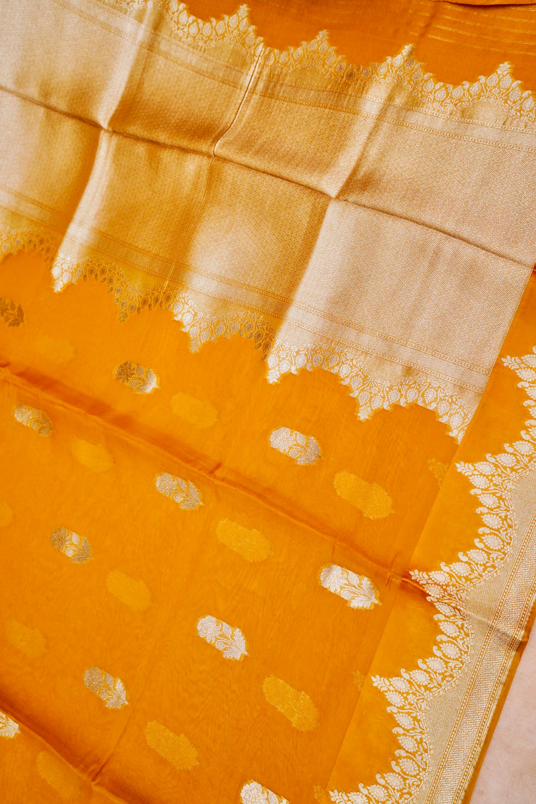 Radiant Mustard Yellow Banarasi Kora Silk Saree Handwoven Bootidar Zari with Leheriya Border