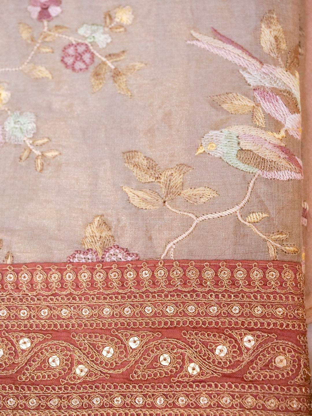 Onion Pink Sabyasachi Inspired Tissue Silk Saree with Silver Tissue Embroidery Blouse View 3