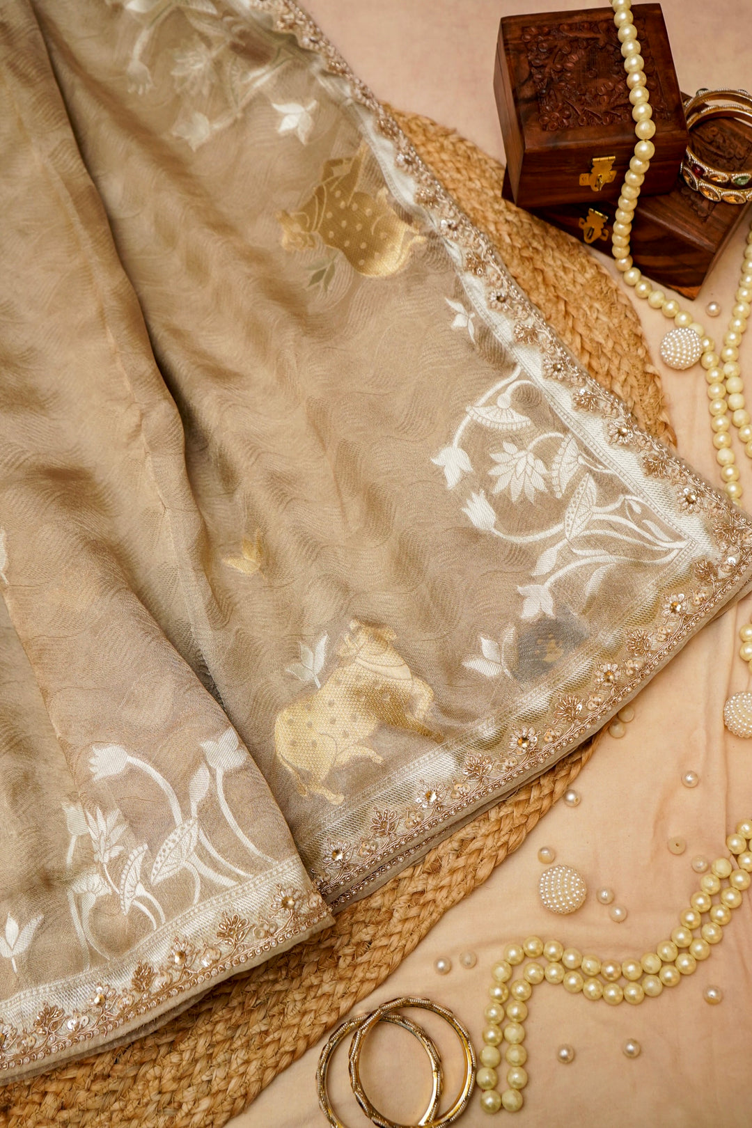 Chiku Brown Tissue Silk Pichwai Inspired Sona Rupa Zari Weave Saree View 1