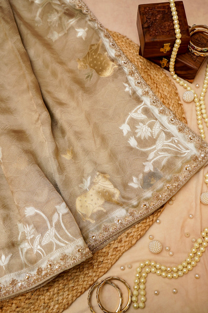 Chiku Brown Tissue Silk Pichwai Inspired Sona Rupa Zari Weave Saree View 1