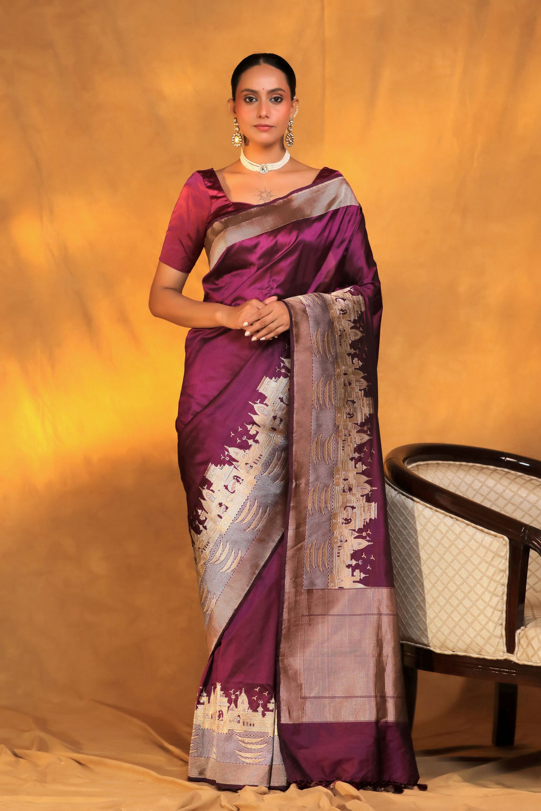 Banarasi Handloom Dark Purple Pure Katan Silk Ghat Wali Saree Front View 1