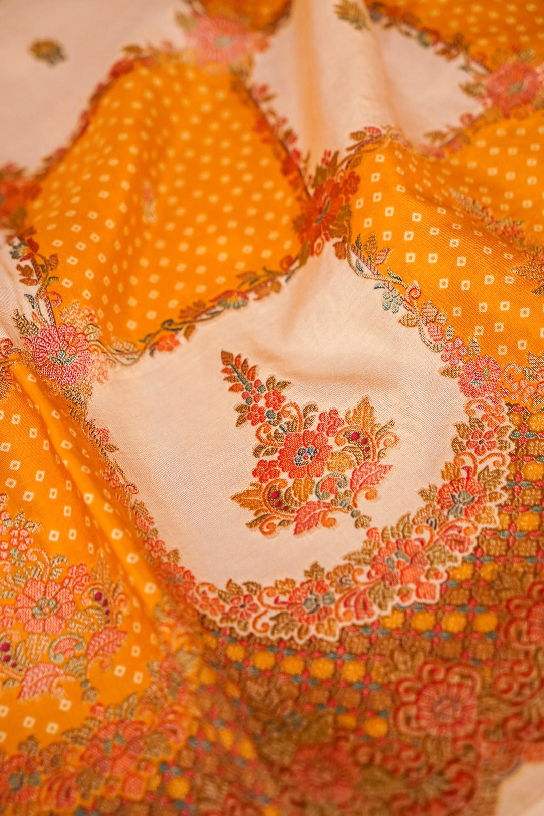 Yellow &amp; White Checked Crepe Silk Saree with Bandhani &amp; Meenakari Contrast Border
