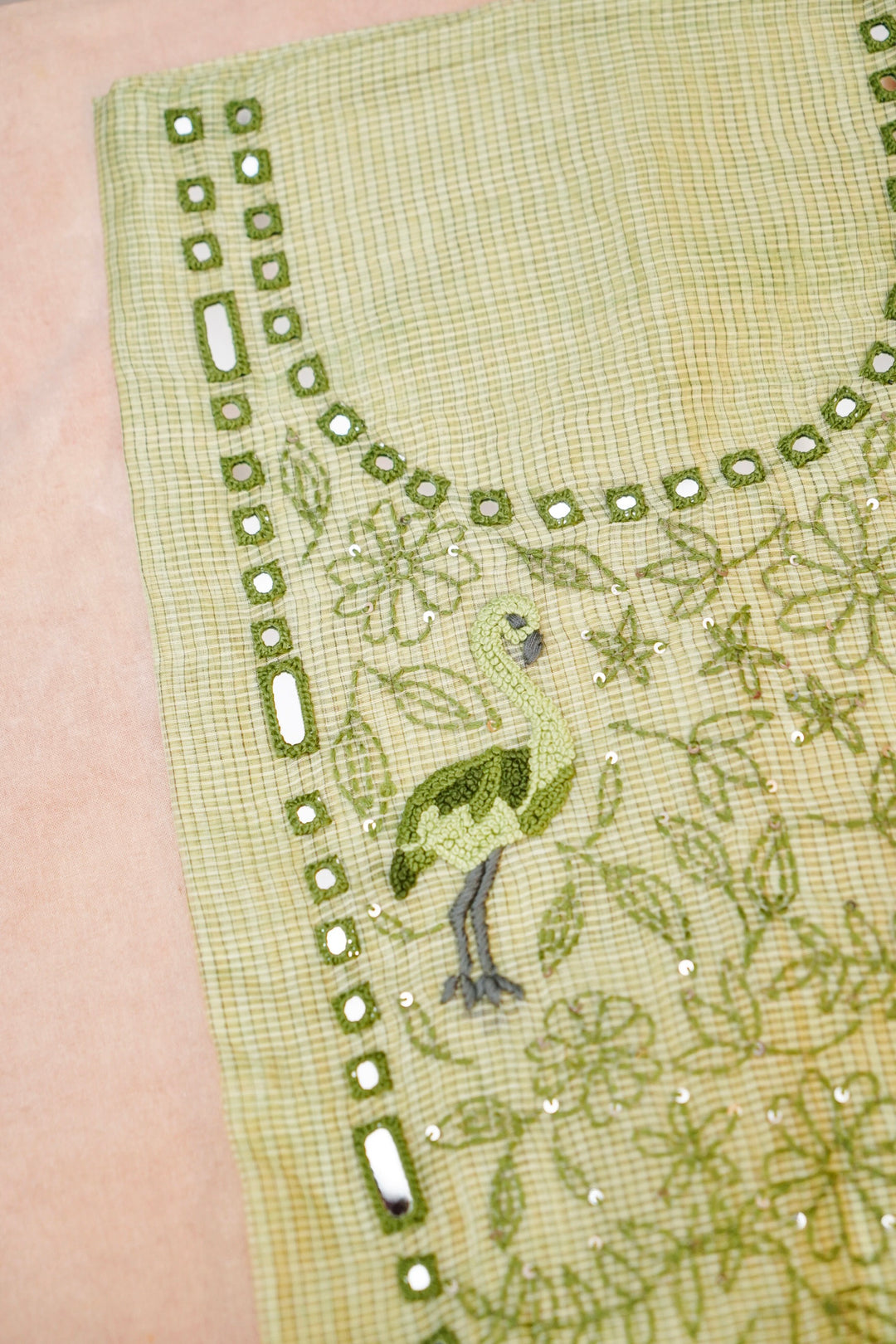 Pastel Green Pure Chanderi Kota Fabric with French Knot Thread Embroidery