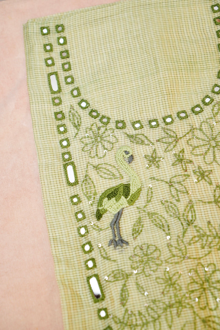 Pastel Green Pure Chanderi Kota Fabric with French Knot Thread Embroidery