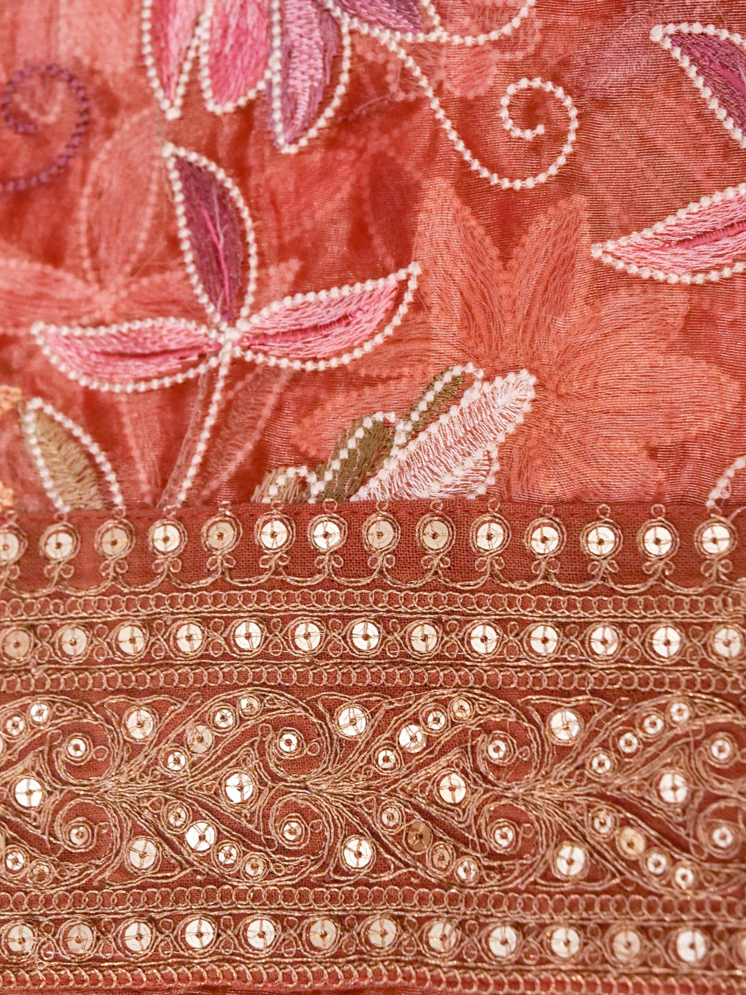 Peach Pure Crepe Silk Saree with Sabyasachi Inspired Border Heavy Embroidered Silk Blouse View 5
