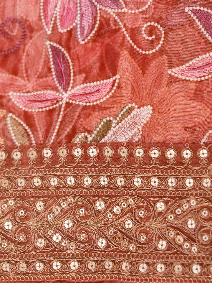 Peach Pure Crepe Silk Saree with Sabyasachi Inspired Border Heavy Embroidered Silk Blouse View 5