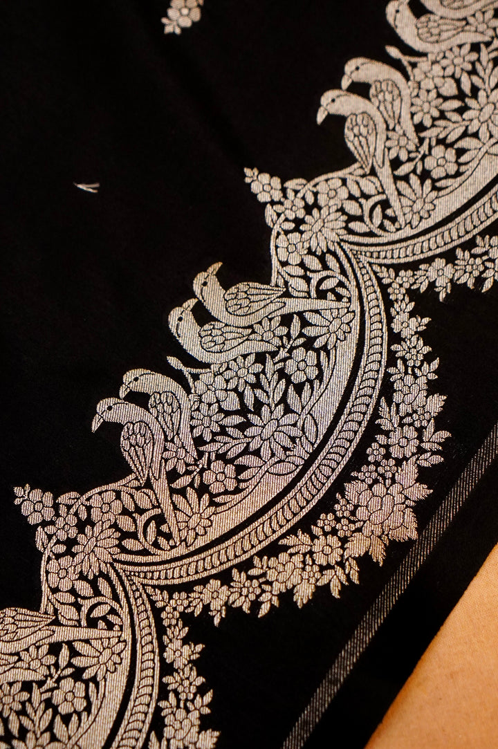 Black Banarasi Katan Silk Suit Set with Birds Motif Top and Bootidar Dupatta
