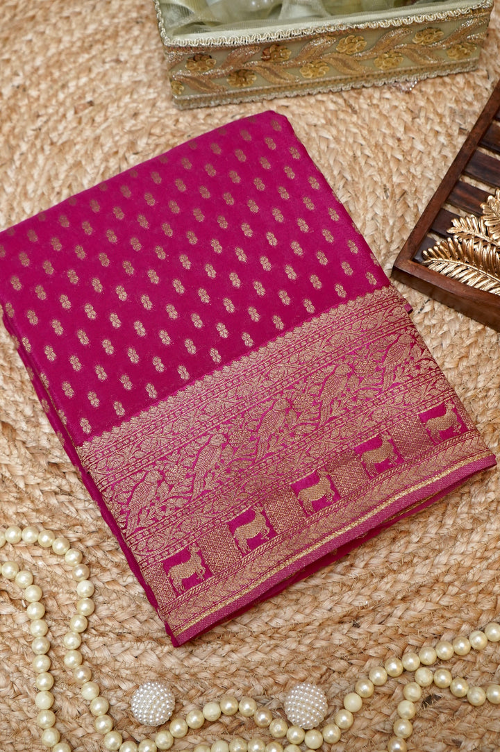 Vibrant Rani Pink Banarasi Chinon Georgette Saree with Antique Zari Figure Motifs