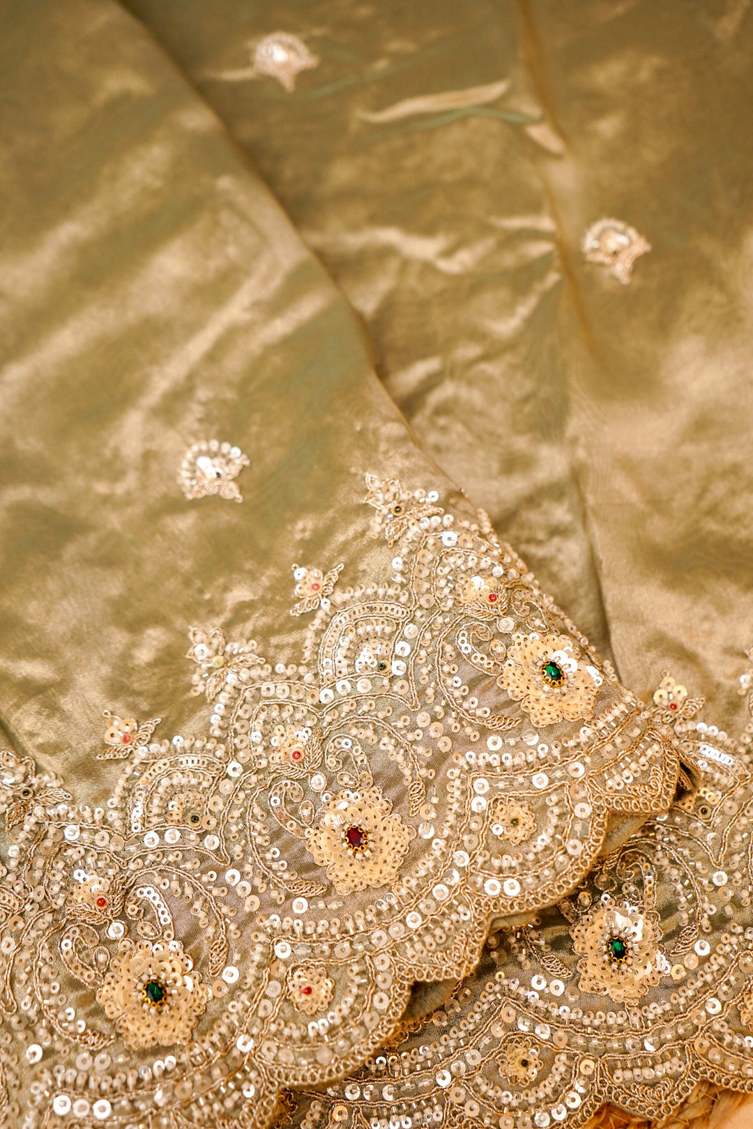 Pistachio Green Designer Tissue Silk Saree with Pearl and Kundan Embroidery View 4