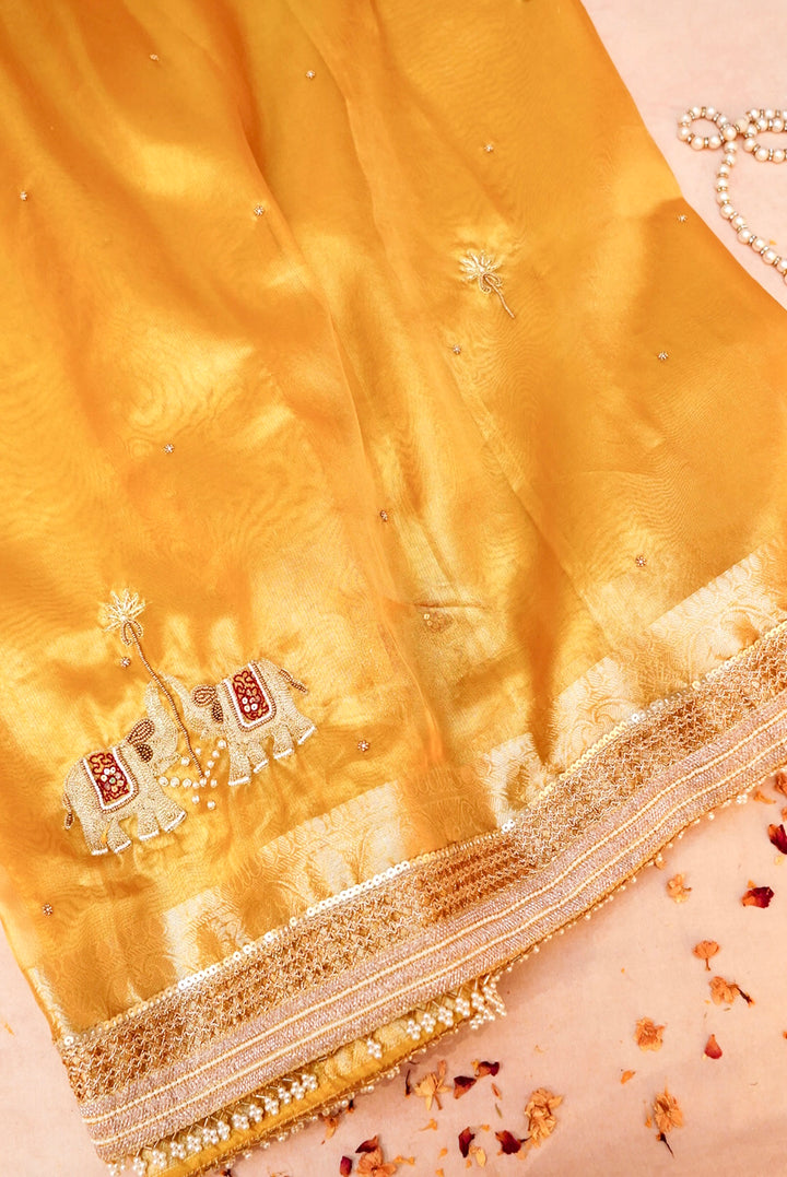 Golden Gajanan Maharani Tissue Saree with Hand Embroidery and Pearl Border
