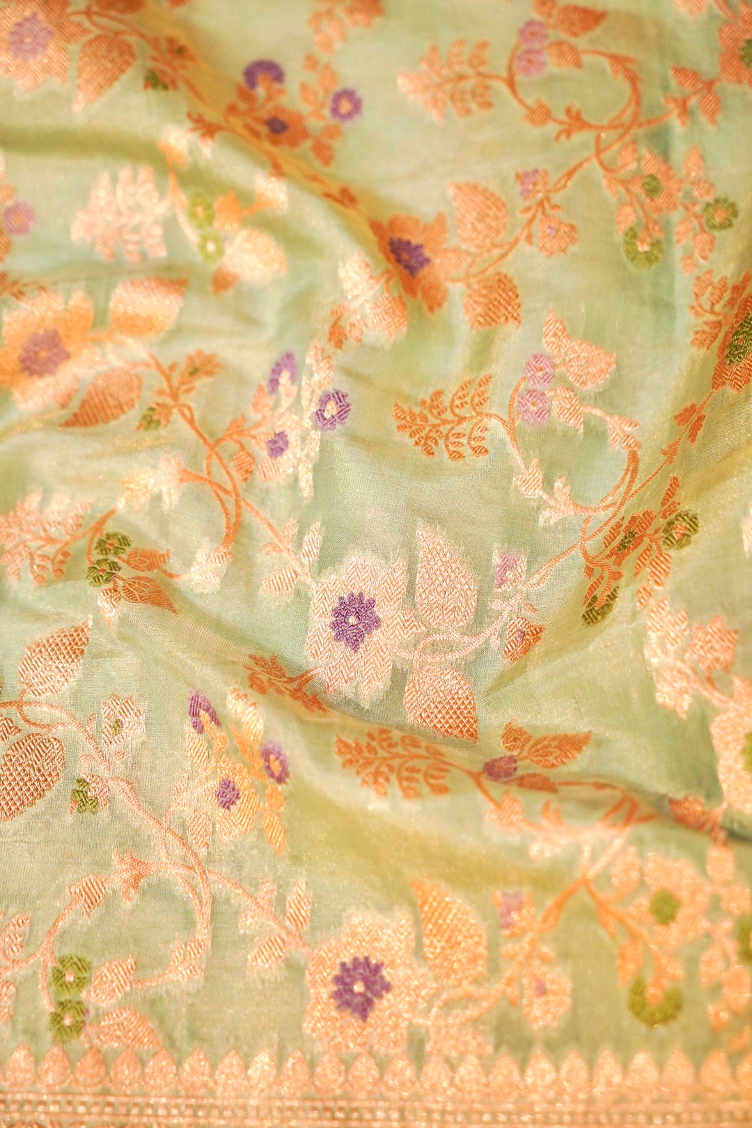 Light Green Handloom Pure Katan Tissue Saree with Meenakari Jaal Weave