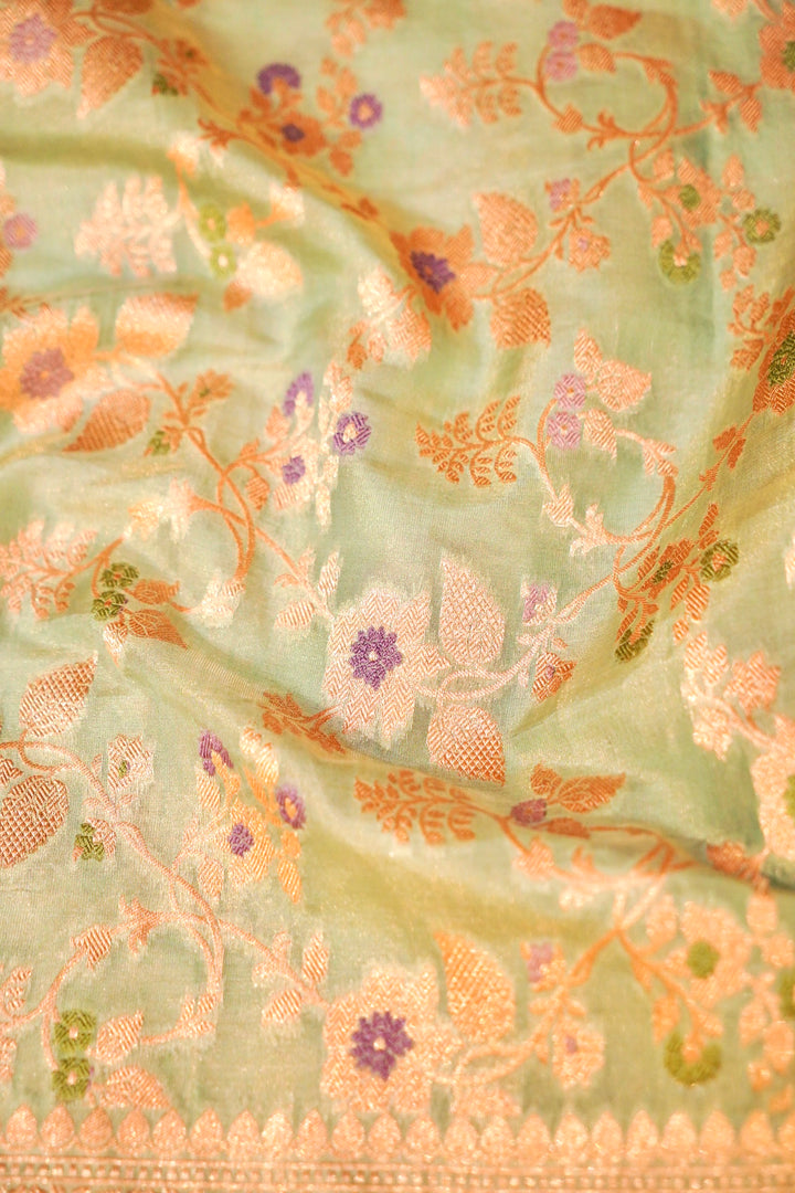 Light Green Handloom Pure Katan Tissue Saree with Meenakari Jaal Weave