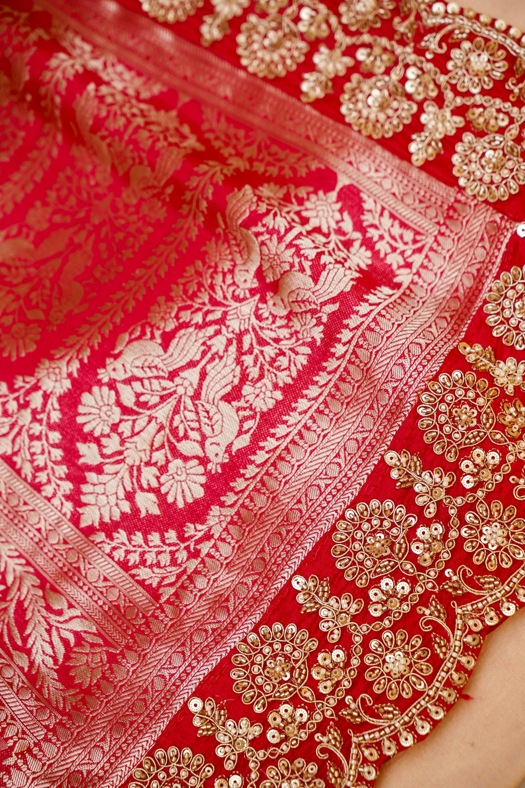 Bridal Red Brocade Silk Figure Motif Saree with Embroidery Border View 3