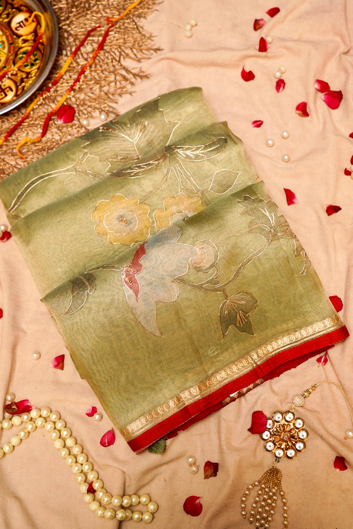 Designer Hand Painted Light Green Pitta Zari Pure Tissue Saree View 1