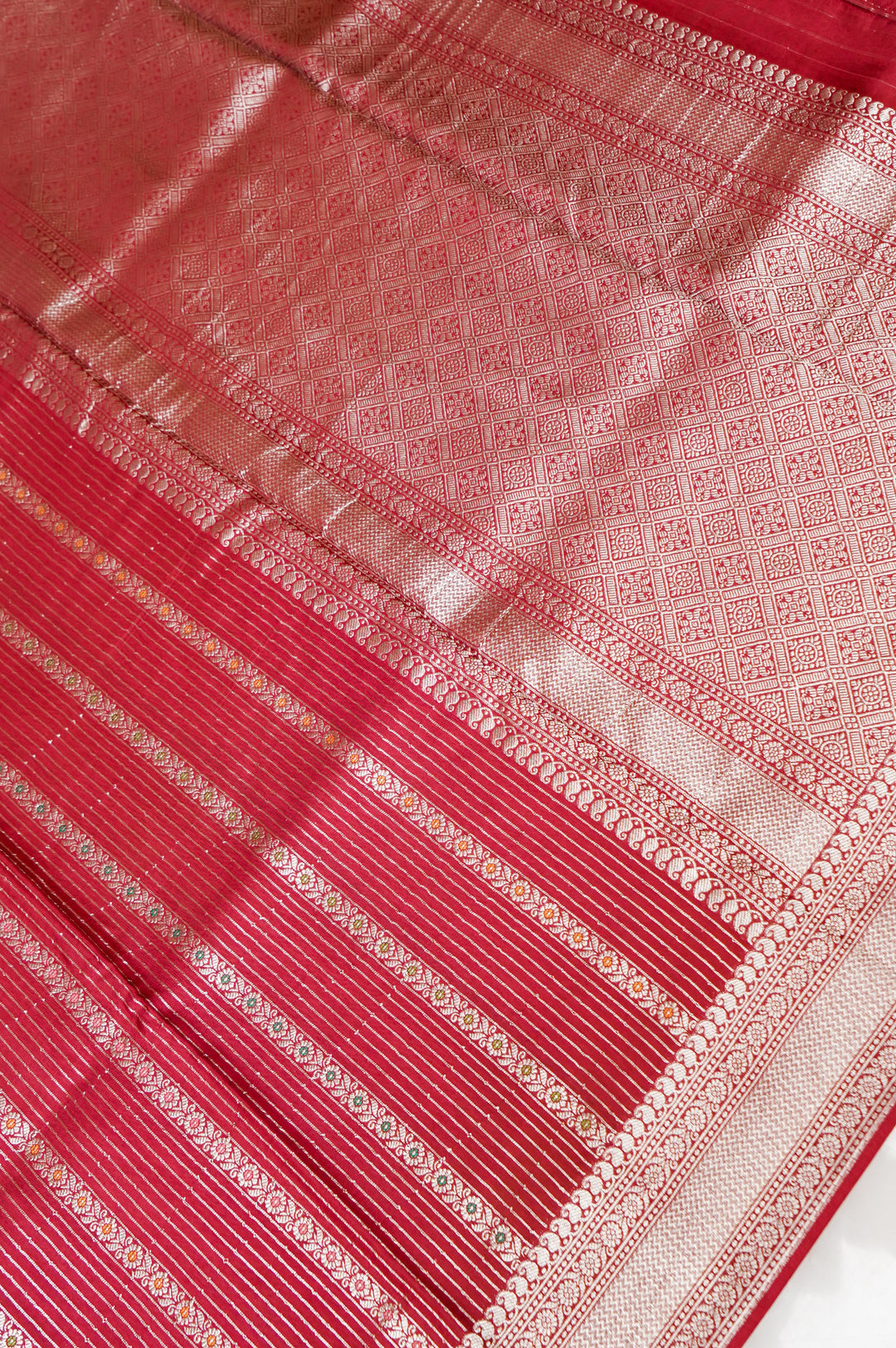 Cherry Red Banarasi Soft Silk Bridal Meenakari Stripes Saree