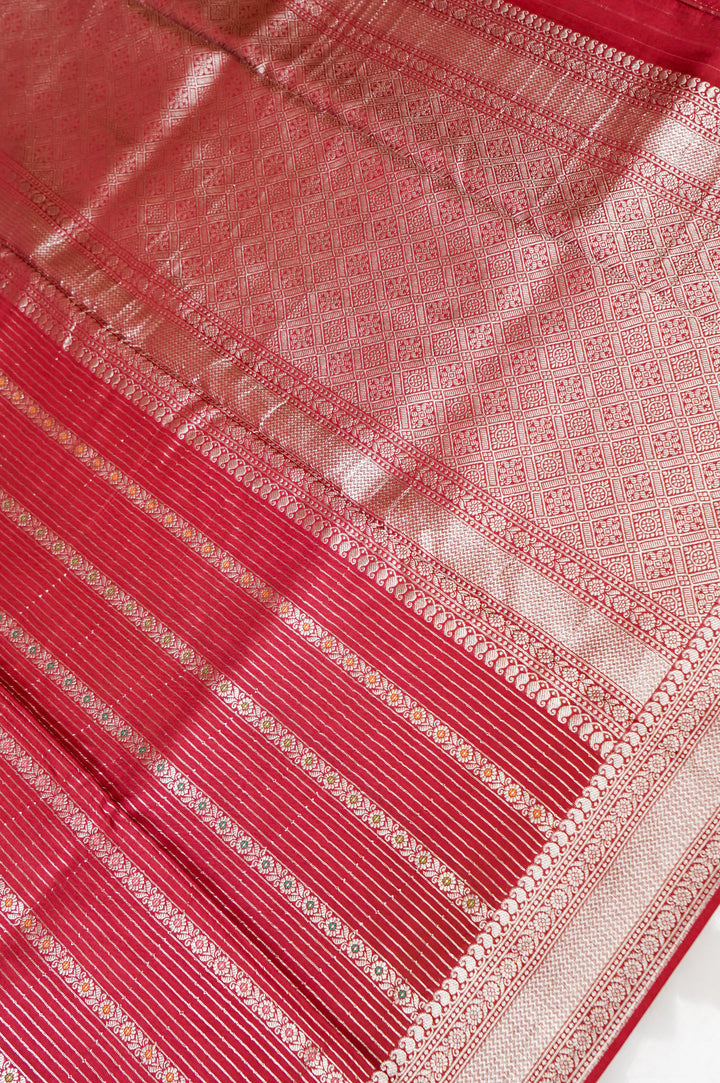 Cherry Red Banarasi Soft Silk Bridal Meenakari Stripes Saree