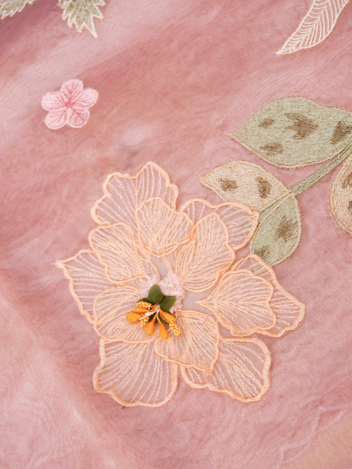 Rose Gold Pure Handloom Tissue Saree with Scallop Border Placement Appliqué Embroidery View 3