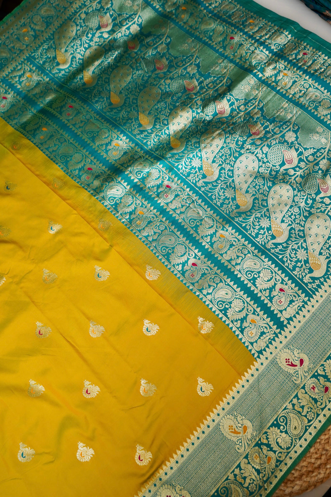 Mustard Yellow Soft Silk Kanjivaram Inspired Bird Motifs Saree with Contrast Border Pallu