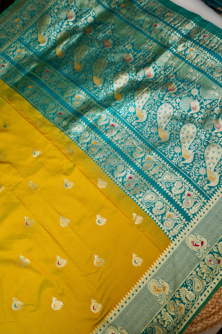 Mustard Yellow Soft Silk Kanjivaram Inspired Bird Motifs Saree with Contrast Border Pallu