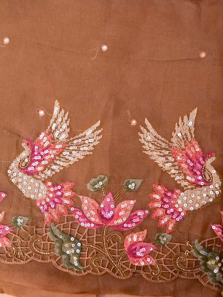 Light Brown Handloom Pure Organza Suit with Hand Resham Sequin Embroidery View 5