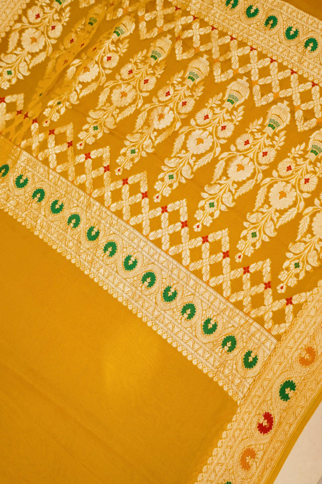 Haldi Wear Yellow Pure Khaddi Georgette Meenakari Saree View 2