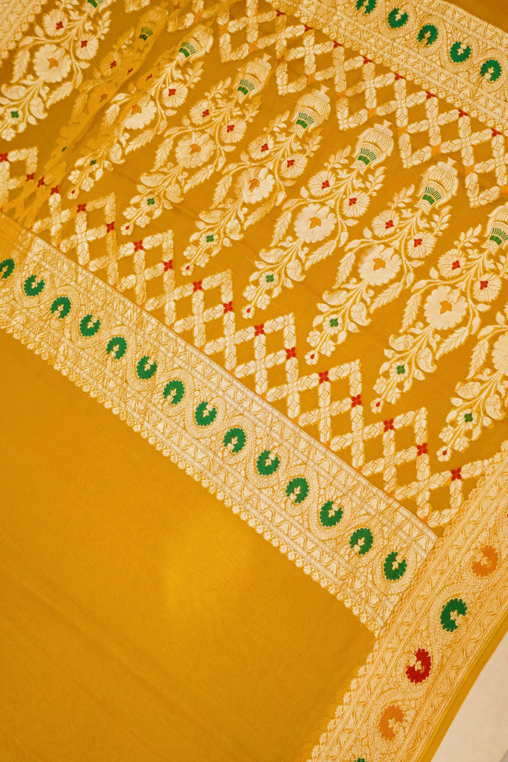 Haldi Wear Yellow Pure Khaddi Georgette Meenakari Saree View 2