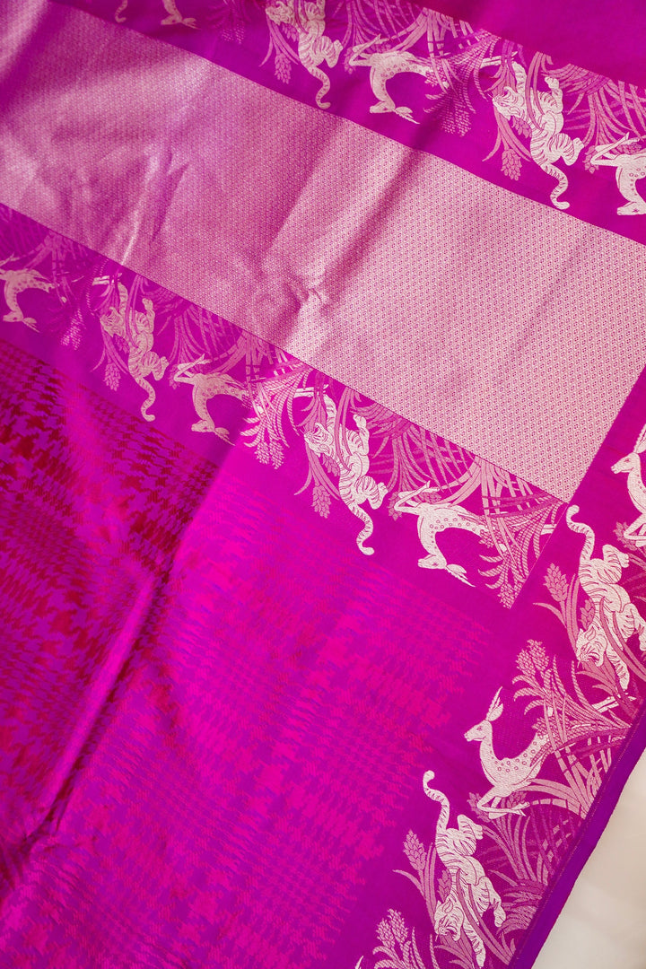 Magenta Handwoven Banarasi Pure Katan Silk Saree with Shikargah Zari Border & Pallu