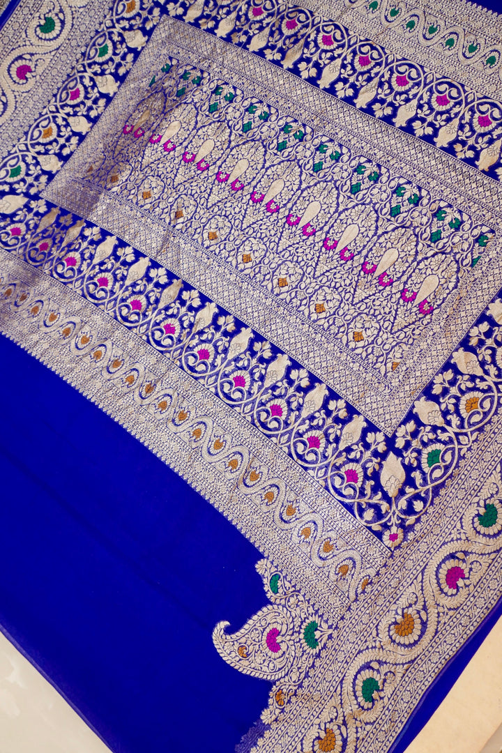 Royal Blue Banarasi Khaddi Chiffon Konia Pallu Meenakari Saree View 2