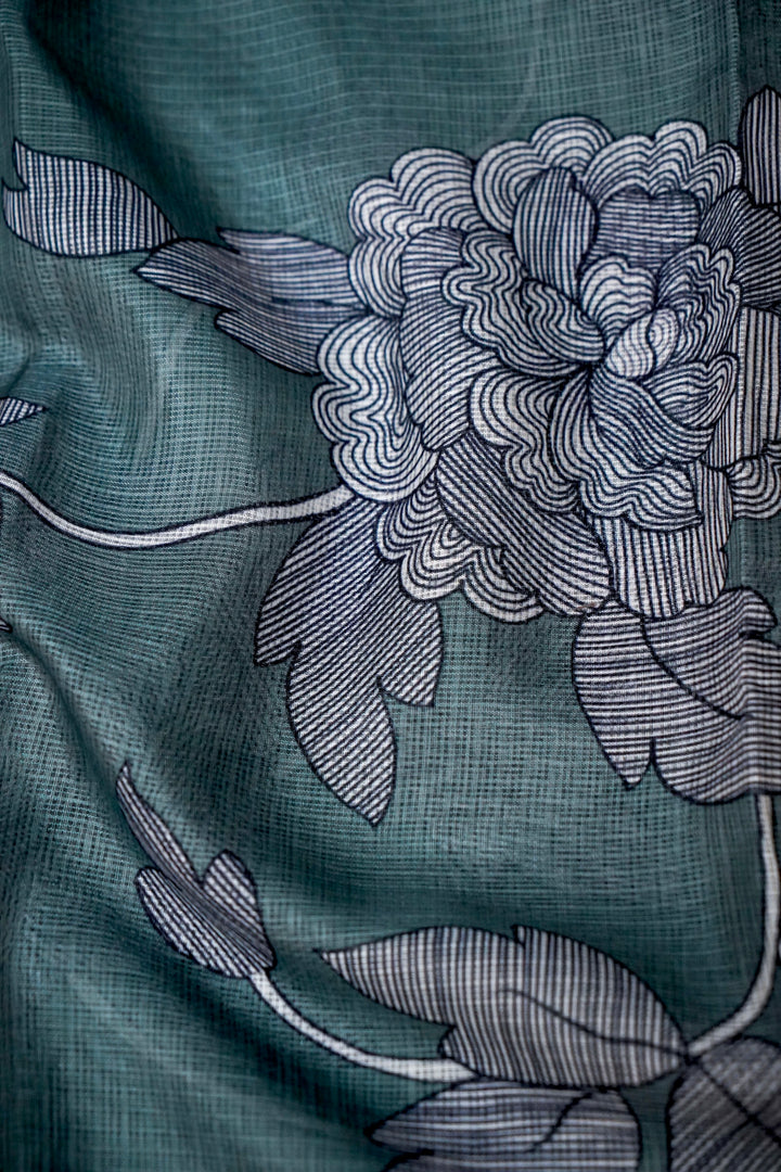 Teal Green Kota Check Saree with Printed Body and Zari Weave Check Border View 4