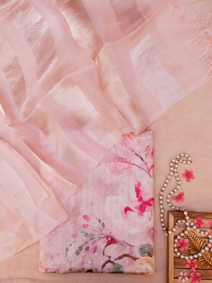 Lavender Handloom Pure Chiniya Silk Printed Suit with Kadwa Organza Dupatta View 1