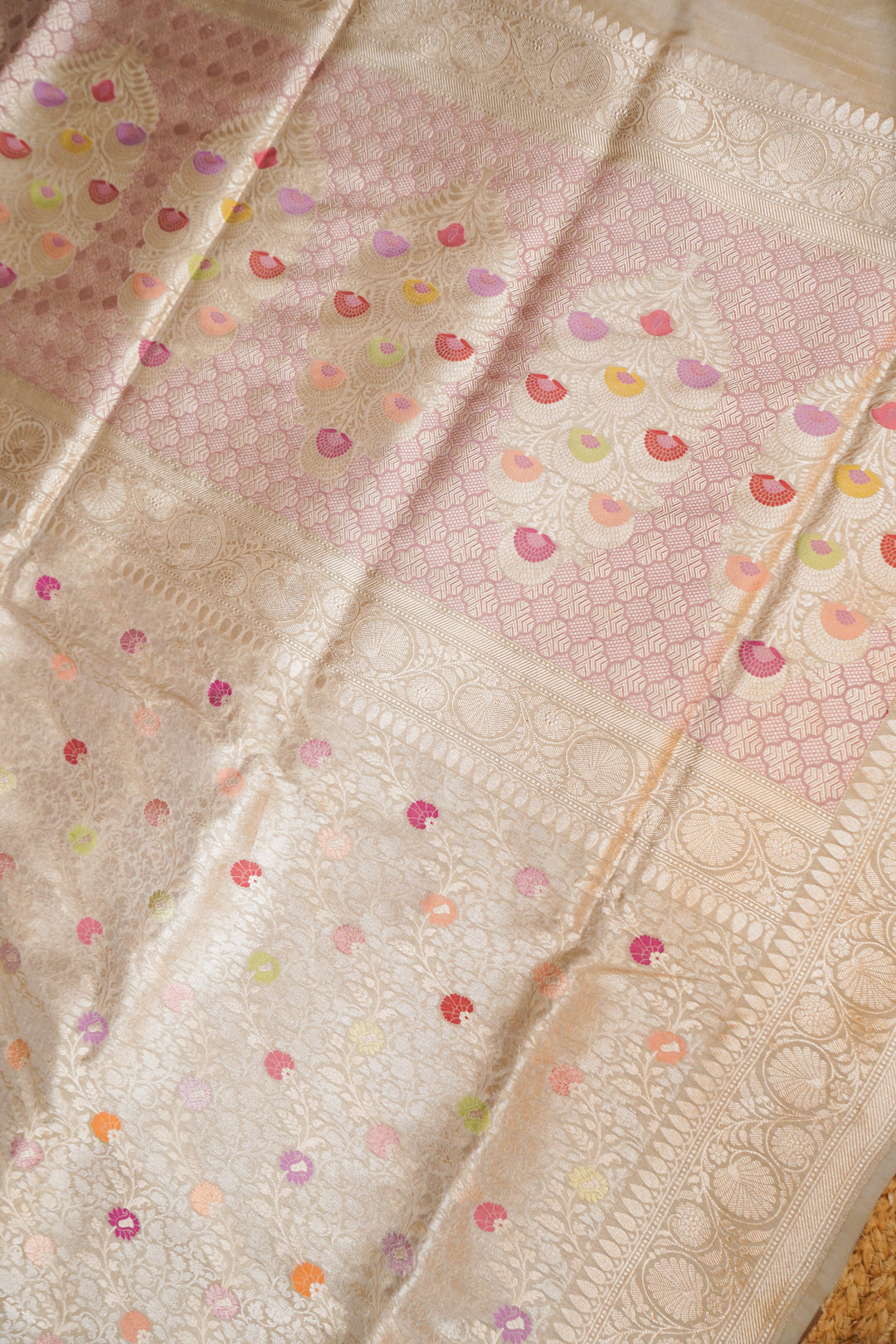 Beige Handwoven Banarasi Pure Katan Silk Brocade Meenakari Jaal Saree