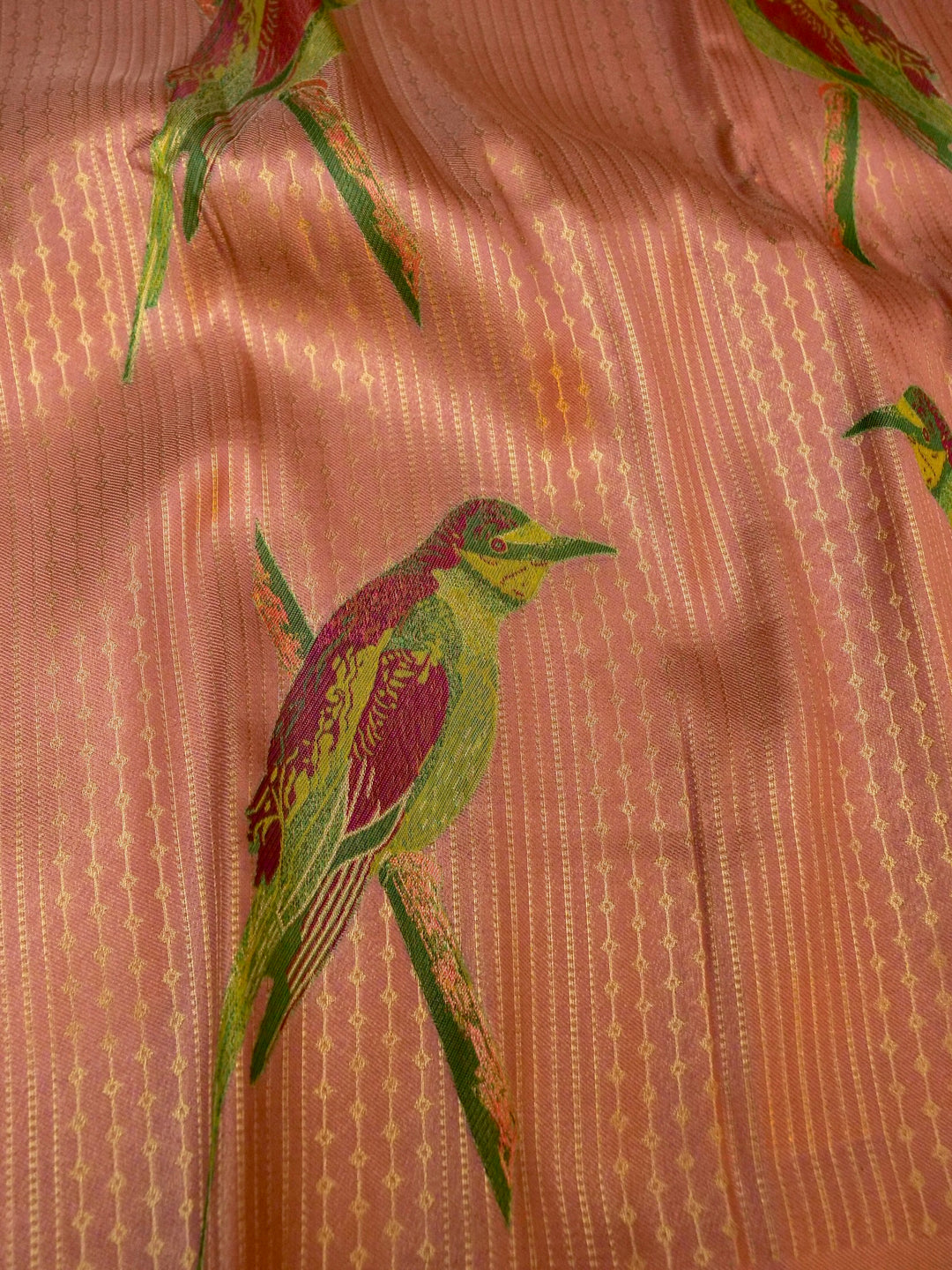 Rose Gold Banarasi Tissue Soft Silk Saree with Printed Bird Motifs