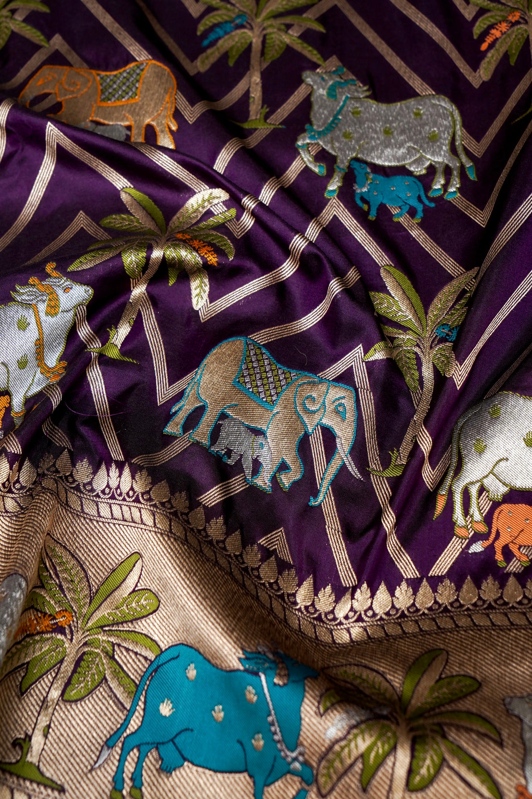Dark Purple Pure Banarasi Handloom Katan Silk Kimkhwab Meenakari Saree with Pichwai Inspired Patterns