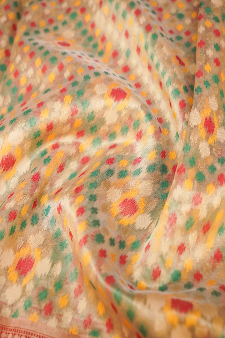 Pure Banarasi Tissue Ikkat Weaving Saree with Hand Zardozi Embroidery