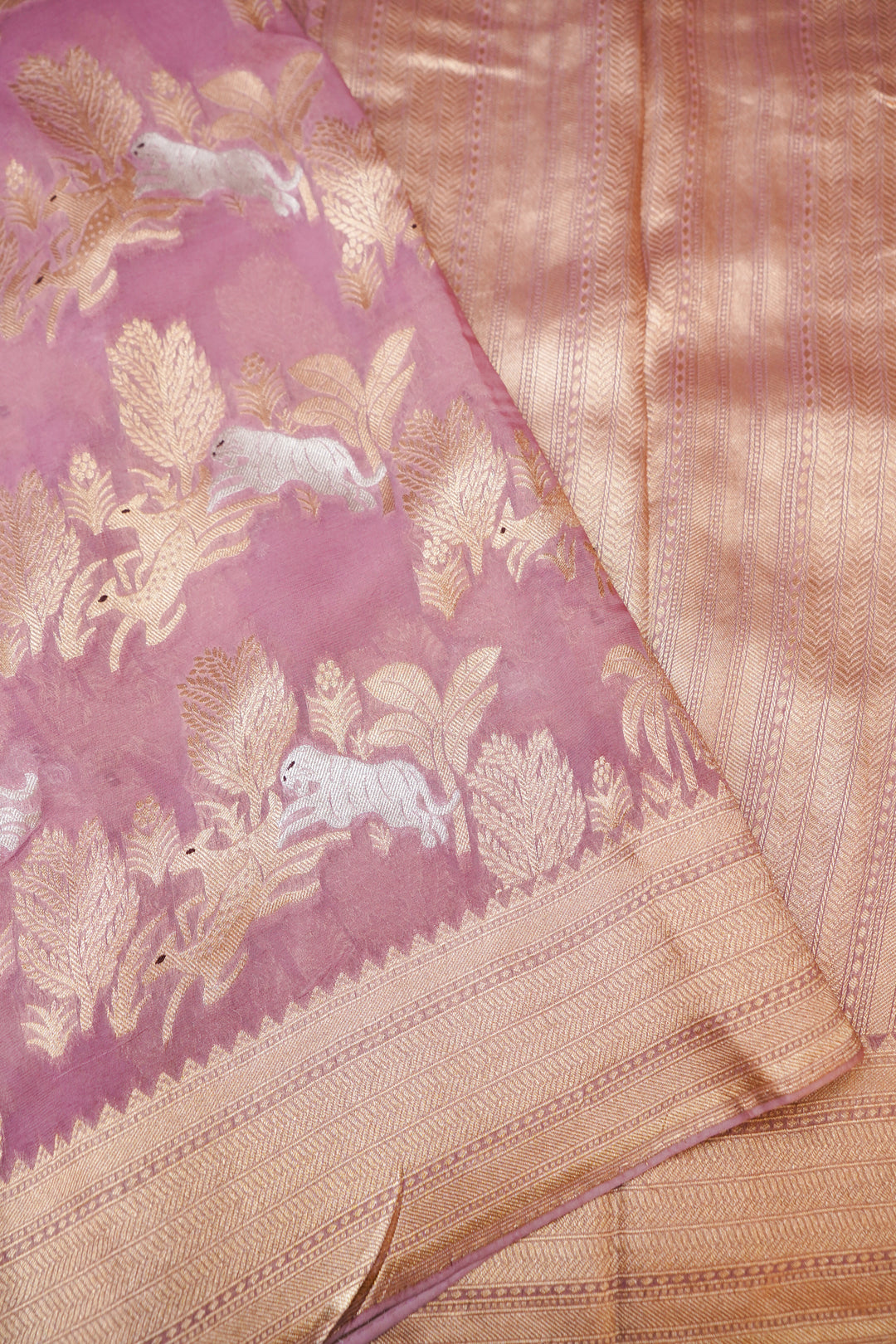 Lavender Pure Georgette Shikargah Saree with Zari Weave Animal Motifs