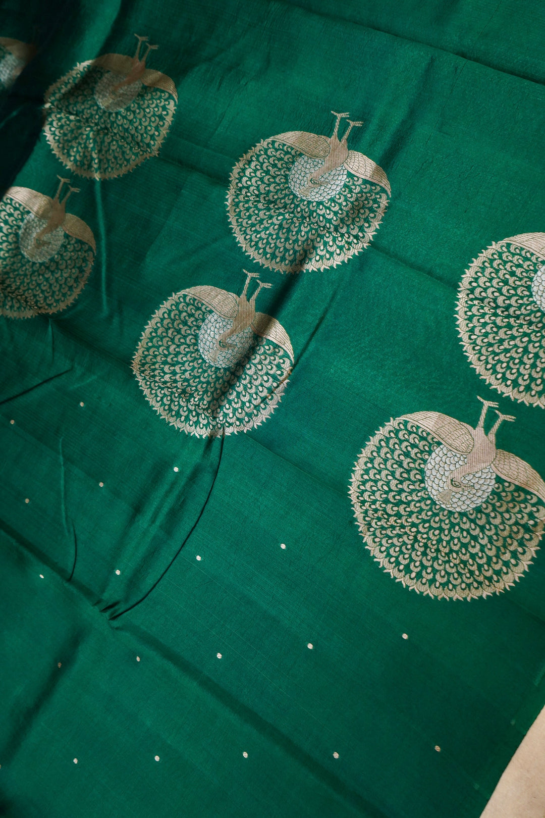 Bottle Green Pure Silk Banarasi Saree with Peacock Motif Pallu View 2