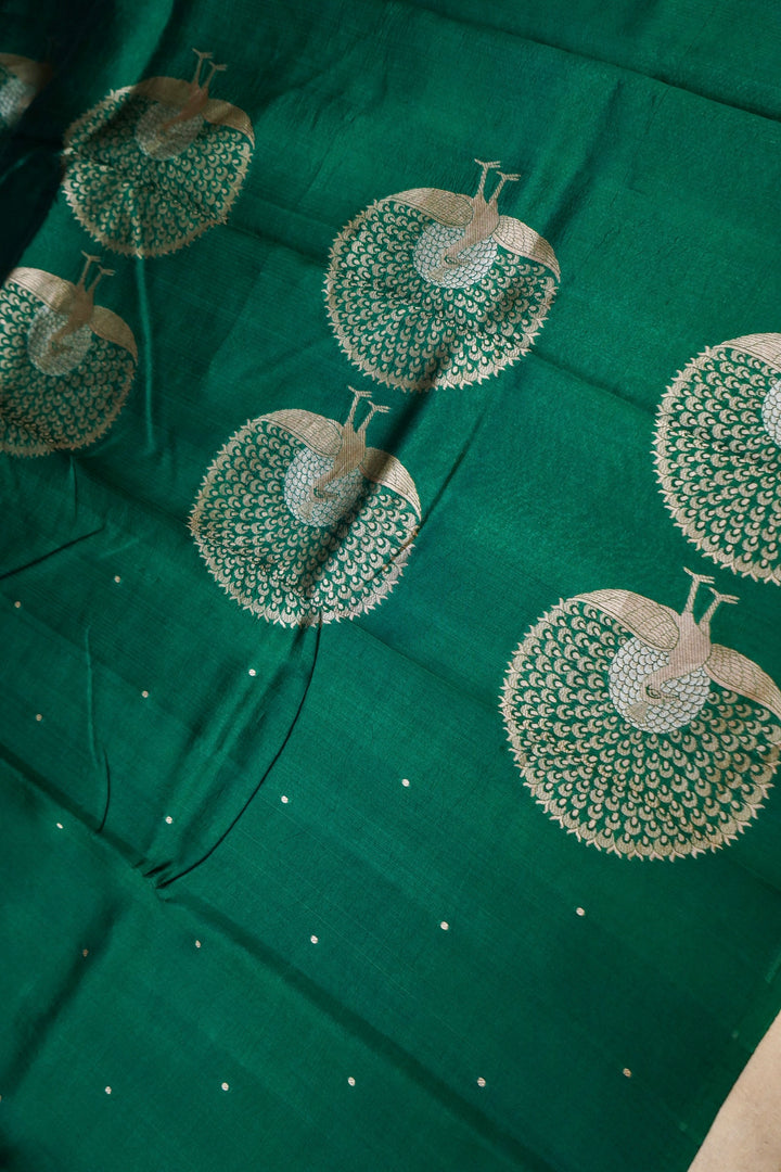 Bottle Green Pure Silk Banarasi Saree with Peacock Motif Pallu View 2