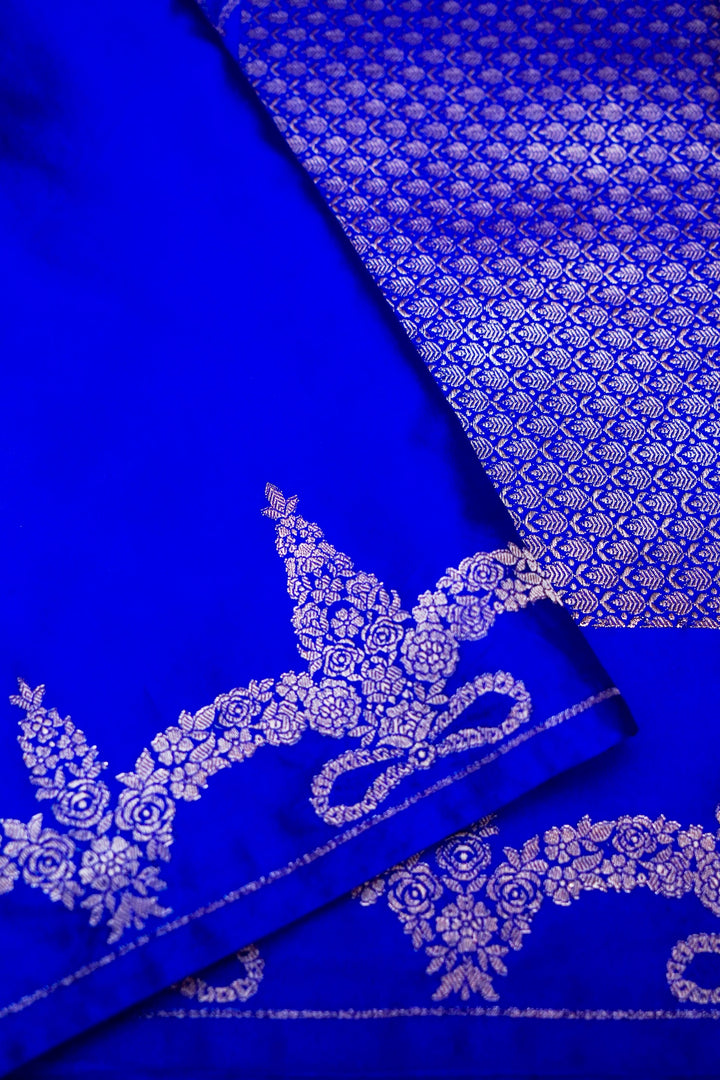 Timeless Elegance in Royal Blue Mashru Silk Saree with Zari Woven Border & Pallu