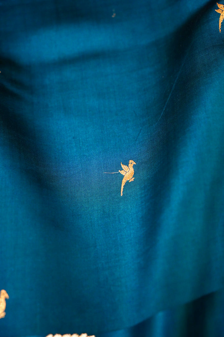 Handwoven Banarasi Teal Blue Pure Katan Silk Birds Motif Saree