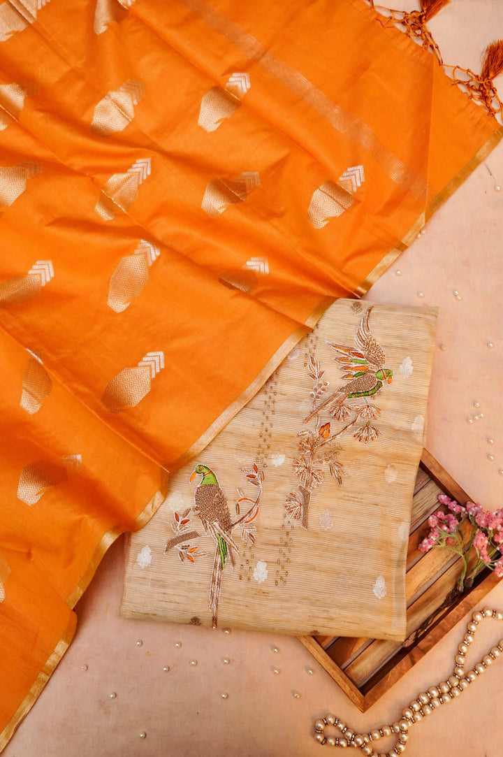 Beige Gold Pure Chanderi Silk Suit with Yellow Contrast Dupatta