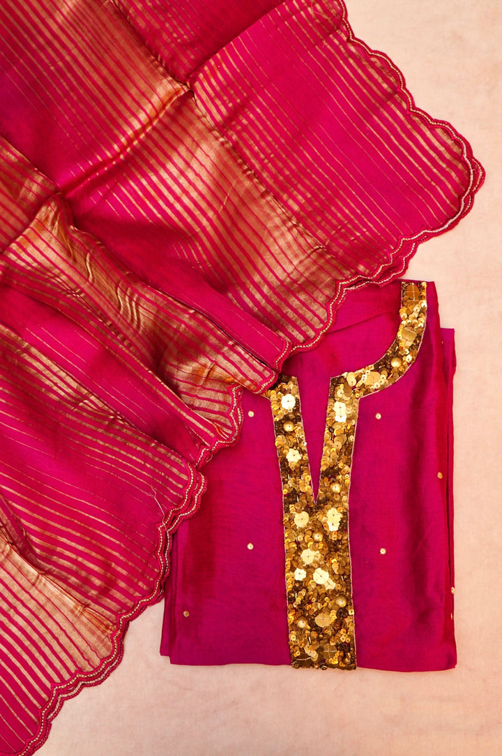 Pink Pure Chanderi Silk Suit Set with Antique Embroidery