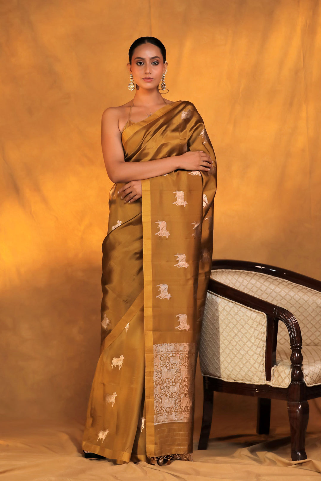 handwoven mustard banarasi pure mashru silk pichwai motif saree front view 2