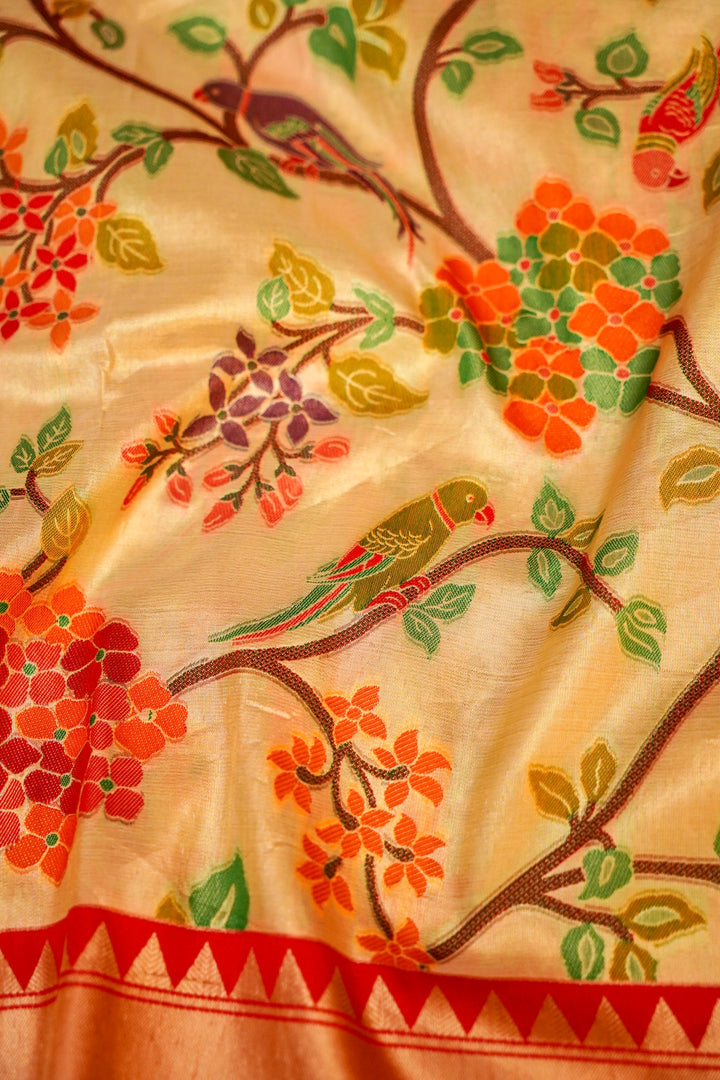 Beige Banarasi Tissue Silk Meenakari Saree with Paithani Border Pallu