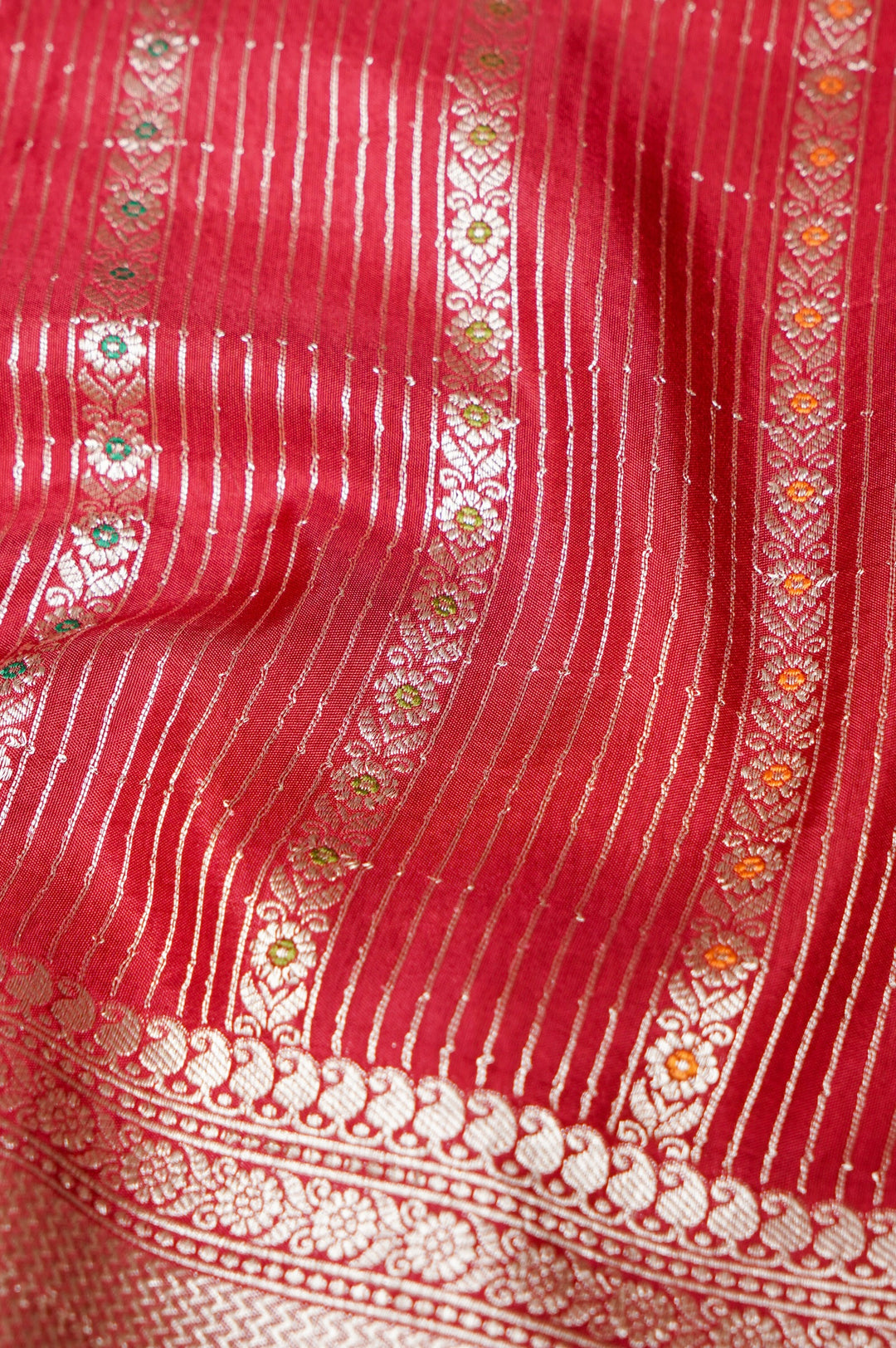 Cherry Red Banarasi Soft Silk Bridal Meenakari Stripes Saree